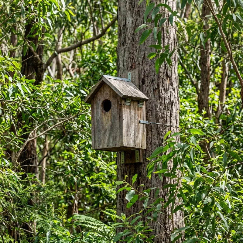 Animal nesting box installed as a humane alternative to a Hastings roof cavity