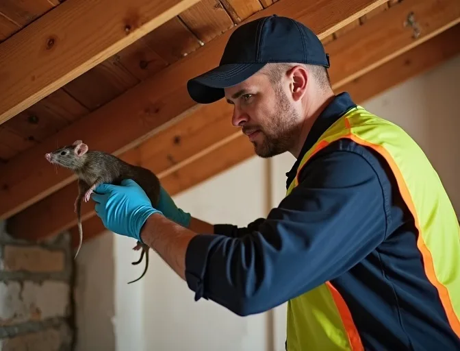 Technician inspecting a roof cavity for a dead rat in Hastings